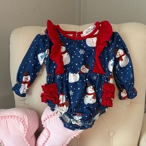 Marie Nicole Snowman Ruffle Baby Bubble Romper in Navy and Red